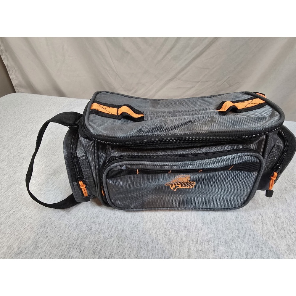 grey and black Okeechobee Fats Inland Series fishing tackle bag with orange...